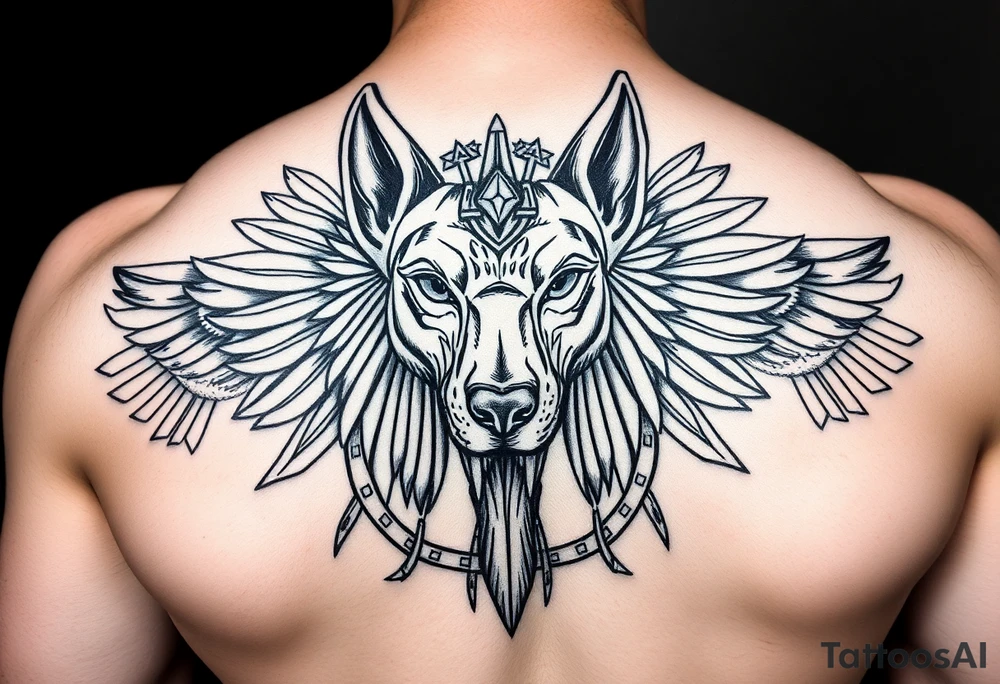 muscle Egyptian Anubis god face in Egypt style dog face surrounded Egyptian symbols tattoo idea