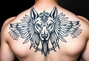 muscle Egyptian Anubis god face in Egypt style dog face surrounded Egyptian symbols tattoo idea