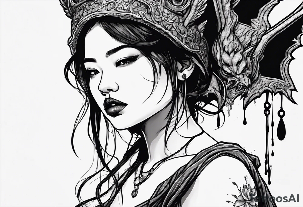 2 dimensional art of a bleeding girl threatened by an asian gargoyle tattoo idea