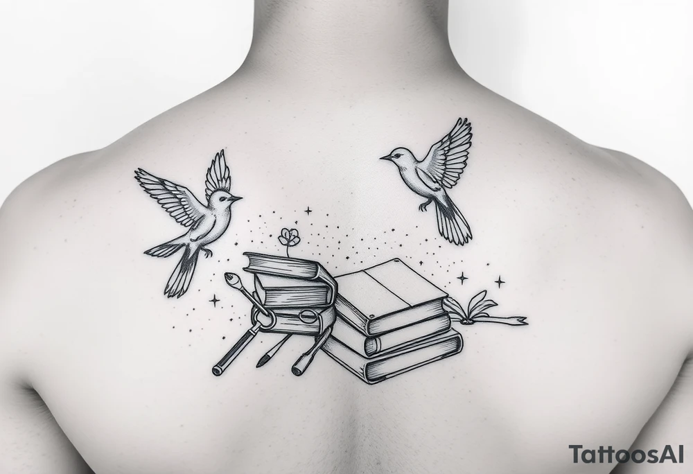 Minimalist fine line tattoo incorporating birds, nature, books, science tattoo idea