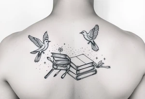 Minimalist fine line tattoo incorporating birds, nature, books, science tattoo idea