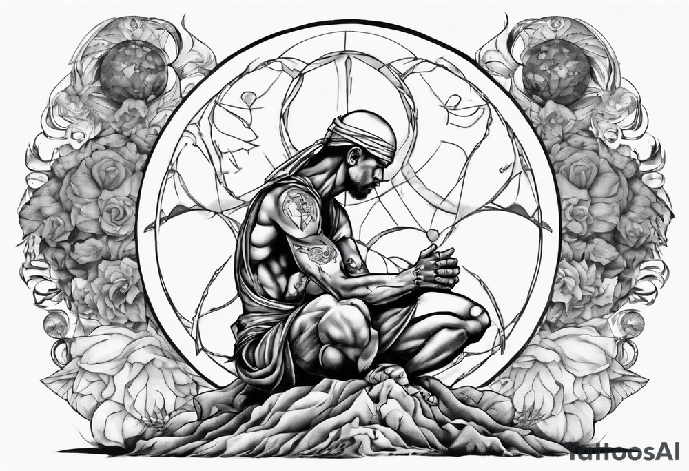 Peaceful warrior kneeling with the world on his shoulders. Peaceful tattoo idea
