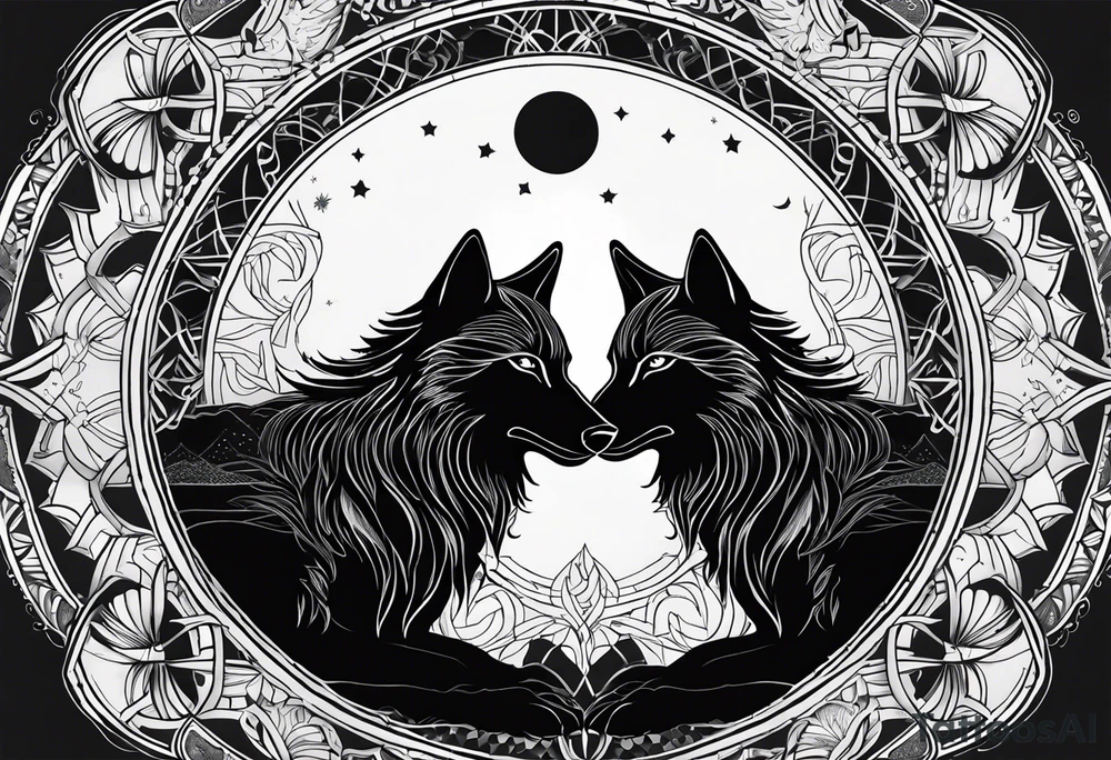 Two wolves—Sköll and Hati—one chasing the sun and the other chasing the moon. You could position them on opposite sides of a circular design with the sun rising and the moon setting at the top and bottom. tattoo idea