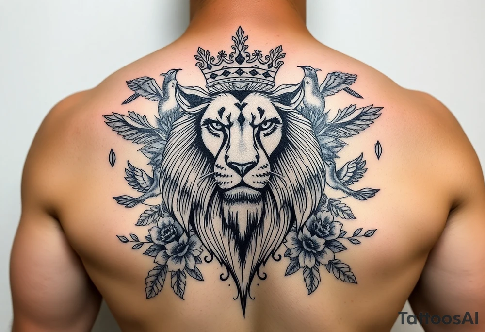 powerful majestic lion with a crown, surrounded by floral ornaments and birds tattoo idea
