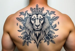 powerful majestic lion with a crown, surrounded by floral ornaments and birds tattoo idea