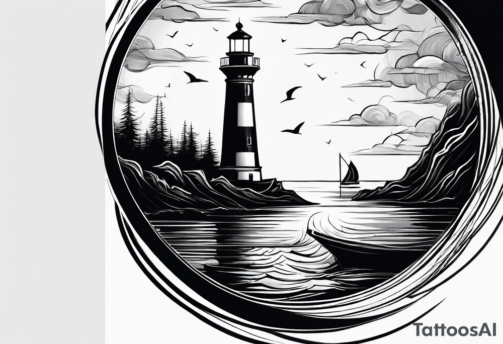 maritime lighthouse partially hidden by its large fixed sail. calm sea reflection. tattoo idea