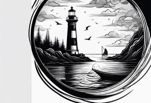 maritime lighthouse partially hidden by its large fixed sail. calm sea reflection. tattoo idea