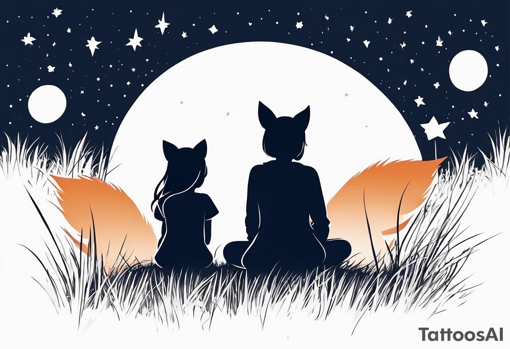 sitting from behind looking at the stars, a little girl and a fox sitting in the grass tattoo idea