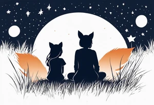 sitting from behind looking at the stars, a little girl and a fox sitting in the grass tattoo idea