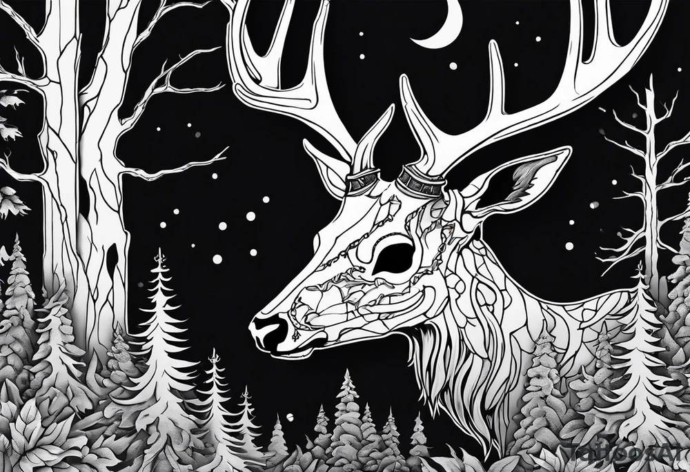 A side view of a decayed deer skull JUST BONE surrounded by trees and fire in background tattoo idea