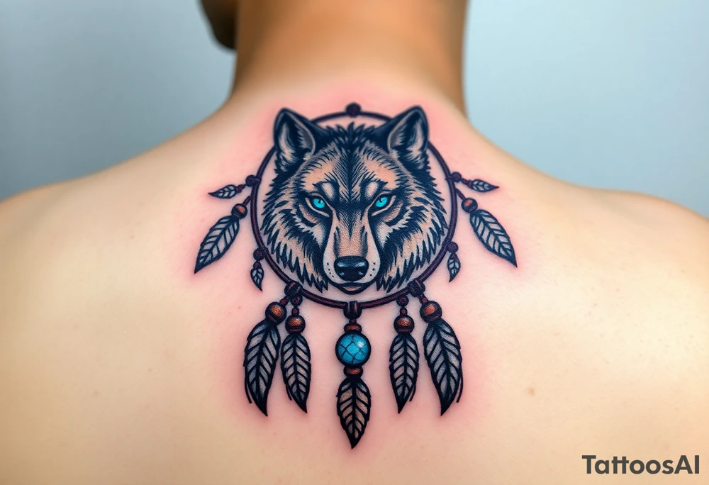 A detailed dreamcatcher with a wolf’s head in the center, surrounded by swirling feathers and beads. The wolf’s eyes glow in bright blue, with soft earth tones in the feathers tattoo idea