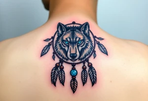 A detailed dreamcatcher with a wolf’s head in the center, surrounded by swirling feathers and beads. The wolf’s eyes glow in bright blue, with soft earth tones in the feathers tattoo idea