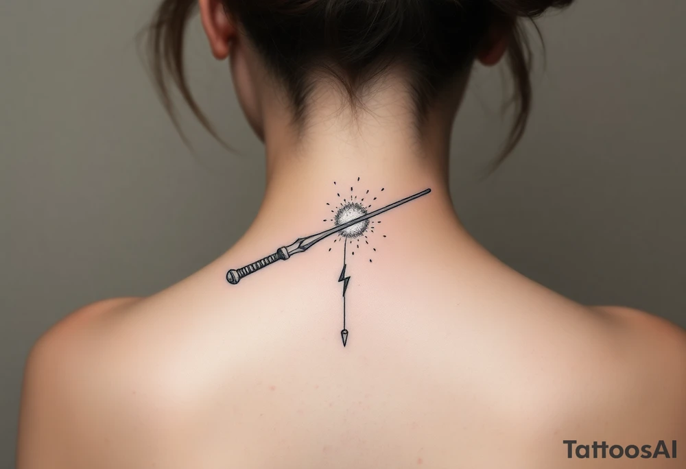 A magic wand (hermione's) with magic dust all around it and a ladybud exiting the wand like a magic spell, and some small detail around it that would do a piggyback on harry poter like a lightning, harry's glasses, the golden snitch etc... tattoo idea