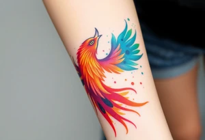 Phoenix in flames with purple, blue, orange, teal and green splashes, looking upwards with angry eye. No black outline. tattoo idea