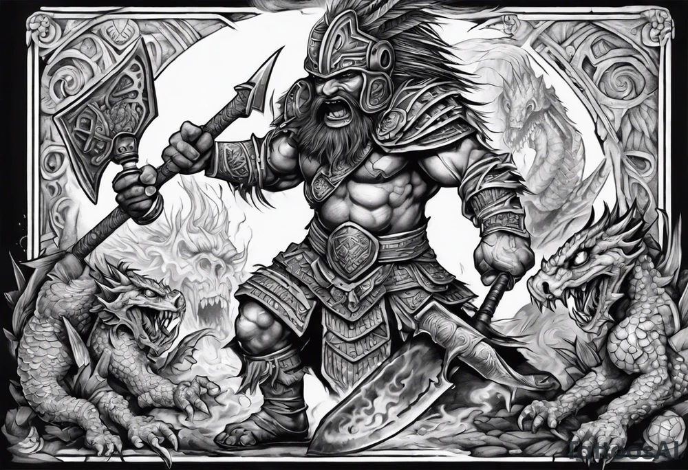 aztec dwarven warrior with a war axe fighting against a dragon in the pits of hell tattoo idea