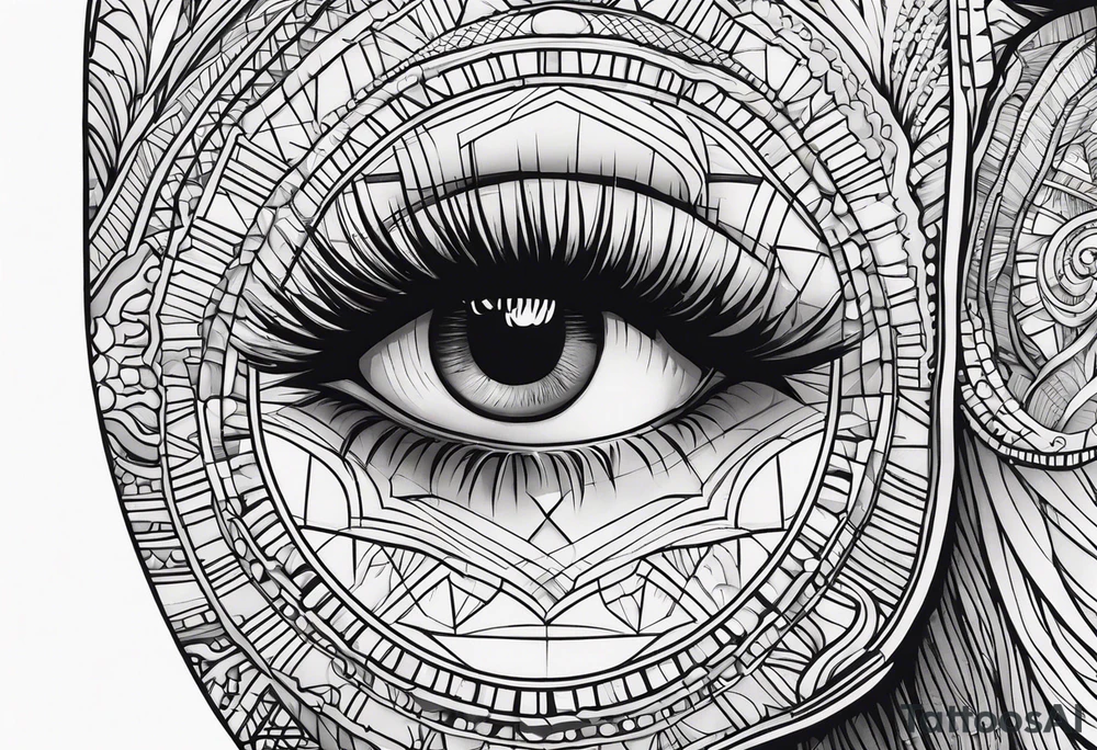 A women’s eye with line work surrounding it with makeup and an elephant incorporated around it tattoo idea