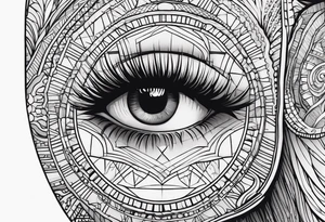 A women’s eye with line work surrounding it with makeup and an elephant incorporated around it tattoo idea