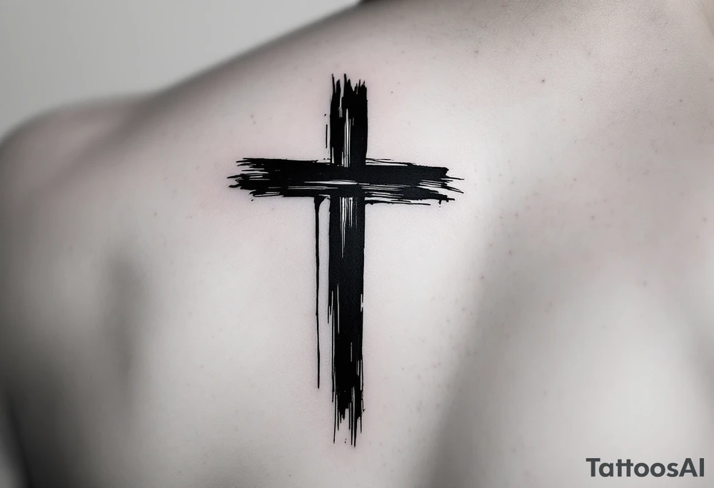 Cross in bold with a brush effect on man´s face under an eye. tattoo idea