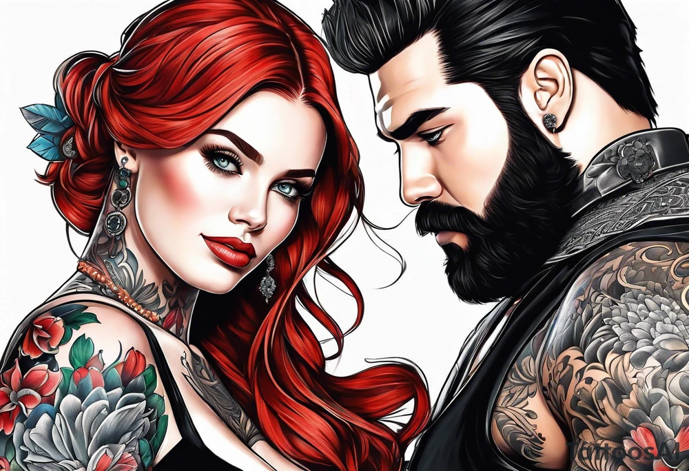 Busty red haired woman with a bearded man who has black hair tattoo idea