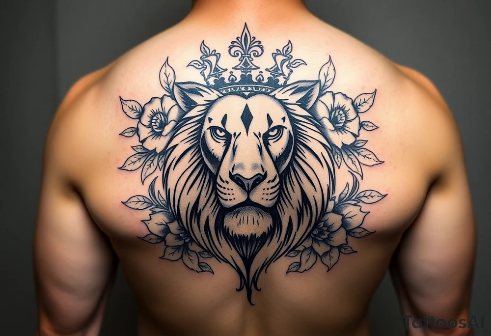 powerful majestic lion with a crown, surrounded by floral orna tattoo idea