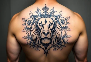 powerful majestic lion with a crown, surrounded by floral orna tattoo idea