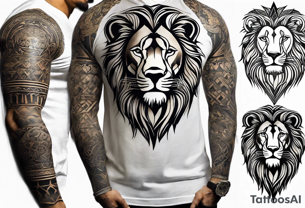 A full tattoo sleeve designed with a strong, masculine aesthetic, featuring a powerful lion as the centerpiece. The lion, symbolizing strength, courage, and leadership, is depicted with intricate detail and dynamic shading, capturing its fierce expression and majestic mane. Surrounding the lion, incorporate geometric patterns that add structure and contrast to the design. These patterns are bold and angular, creating a sense of order and symmetry that complements the natural form of the lion. The geometric elements are woven around the lion, emphasizing its central position while providing a modern, edgy backdrop. The shading throughout the sleeve is deep and dramatic, enhancing the contrast between the organic features of the lion and the precise lines of the geometric patterns. The overall design is bold, intense, and visually striking, combining the raw power of the lion with the clean, ordered aesthetic of geometric patterns for a cohesive and masculine tattoo sleeve. tattoo idea