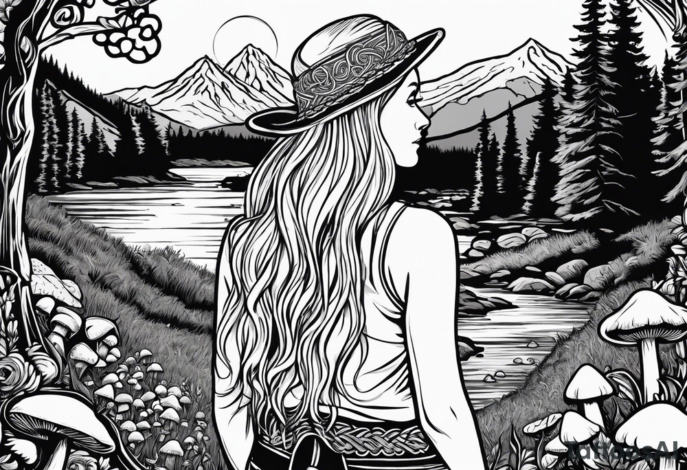 Whole picture encircled fully

Straight long blonde hair hippie girl in distance holding mushrooms in hand facing away toward mountains and creek surrounded by mushrooms long sleeve shirt and hiking pants; whole rendering within a full celtic circle, no cut off circle tattoo idea