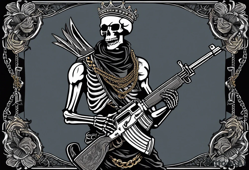 image of a skeleton standing frontally with a crown on his head, holding an AK-47 on his shoulder with his right hand. The chain on the left should be taut, there are three angry barking Dobermans in it, near the waist tattoo idea