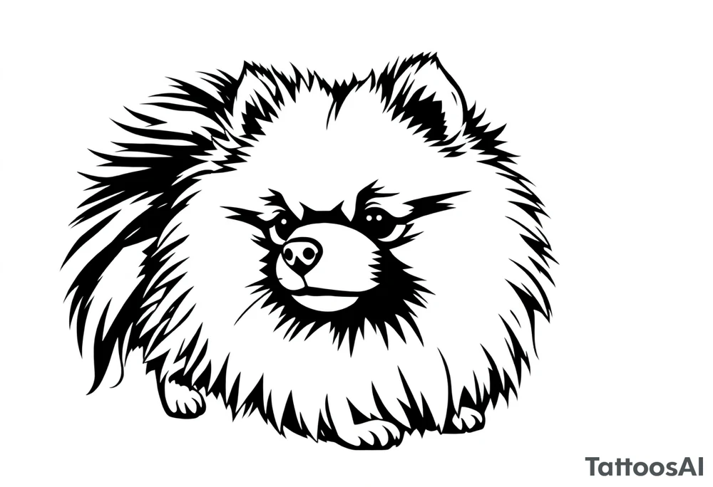 A silhouette stencil style drawing of a cute long haired Pomeranian tattoo idea