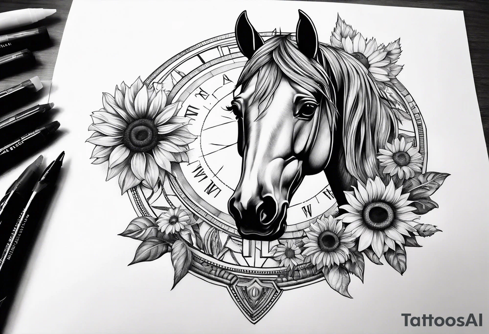 Horse, compass, sunflower tattoo idea