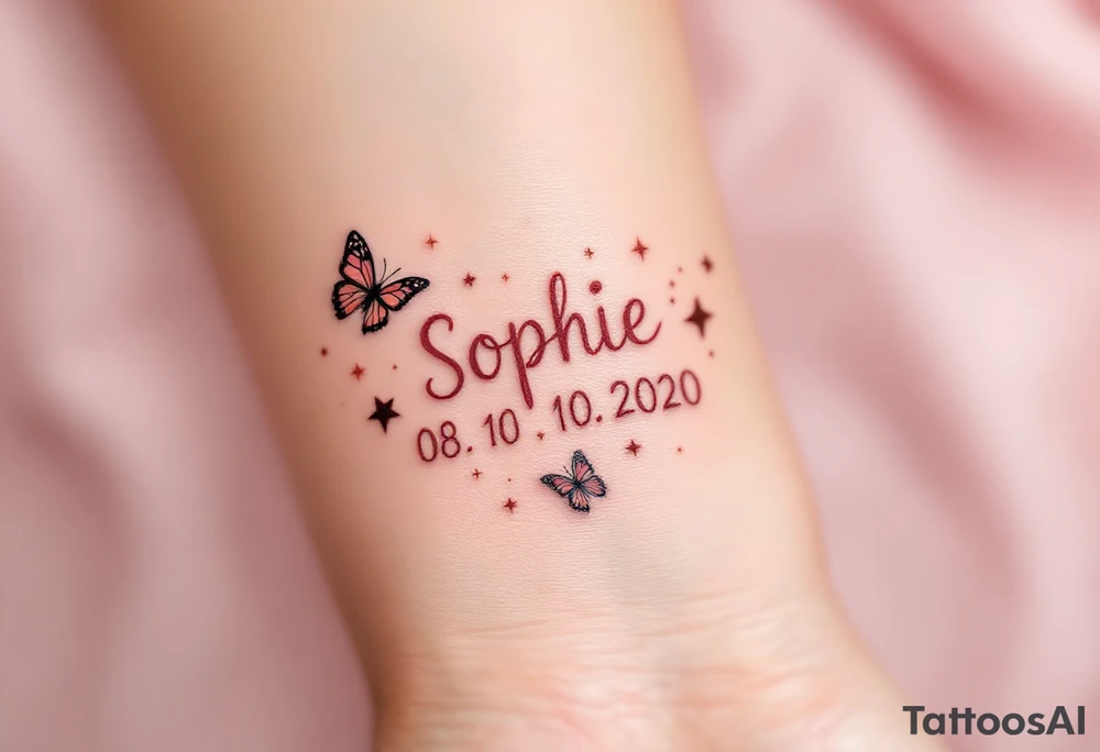 Sophie 08. 10. 2020 – Soft peach and coral tones around Sophia's birthdate, adorned with butterfly wings and small gold sparkles. tattoo idea