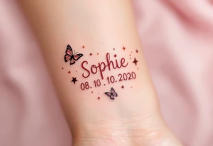 Sophie 08. 10. 2020 – Soft peach and coral tones around Sophia's birthdate, adorned with butterfly wings and small gold sparkles. tattoo idea
