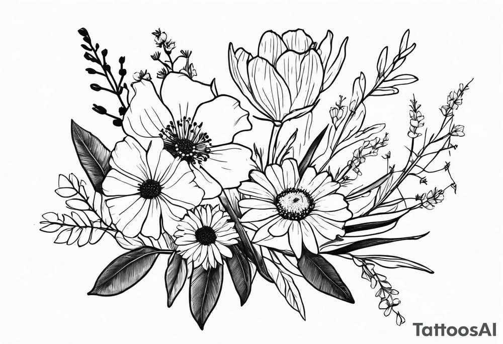 wildflower bouquet with birthflowers for April, May, June, august, october, november tattoo idea