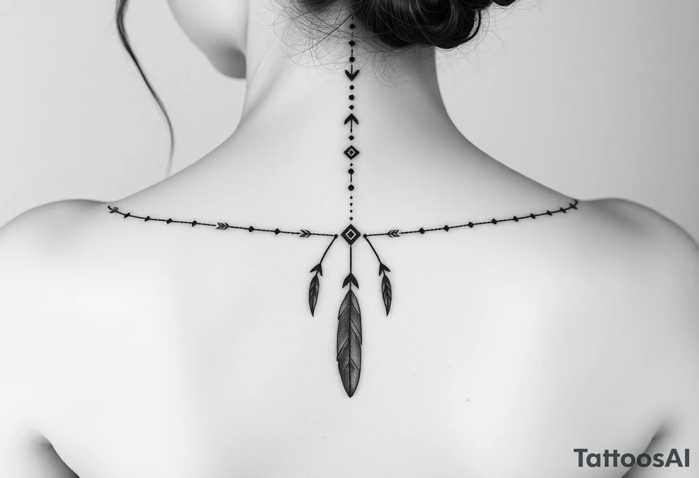 Thin spinal tattoo following down the spine in a native style with multiple different lengths flowing lines made of a discreet connection of morse code ".--- .- --.     .-.. ... -.- .- .-.   -.. .. --.     .-.. .. .-.. .-.. . -... .-. --- .-. forming 3 arrow shapes connected to flowing feathers hanging from the morse code lines tattoo idea