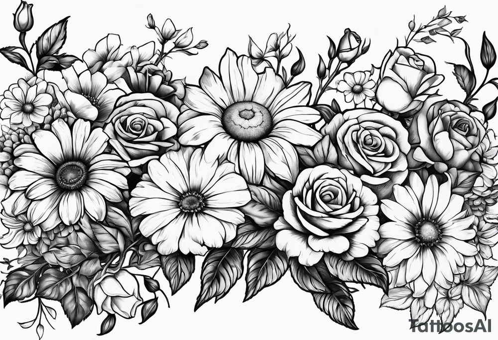 Roses, marigolds, cosmos, daisies, sweet peas and sunflowers tattoo idea
