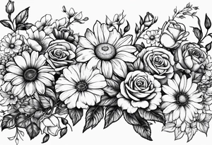 Roses, marigolds, cosmos, daisies, sweet peas and sunflowers tattoo idea