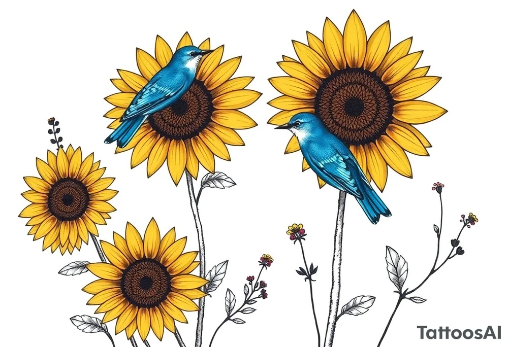 Sunflowers, bluebird, wild flowers tattoo idea