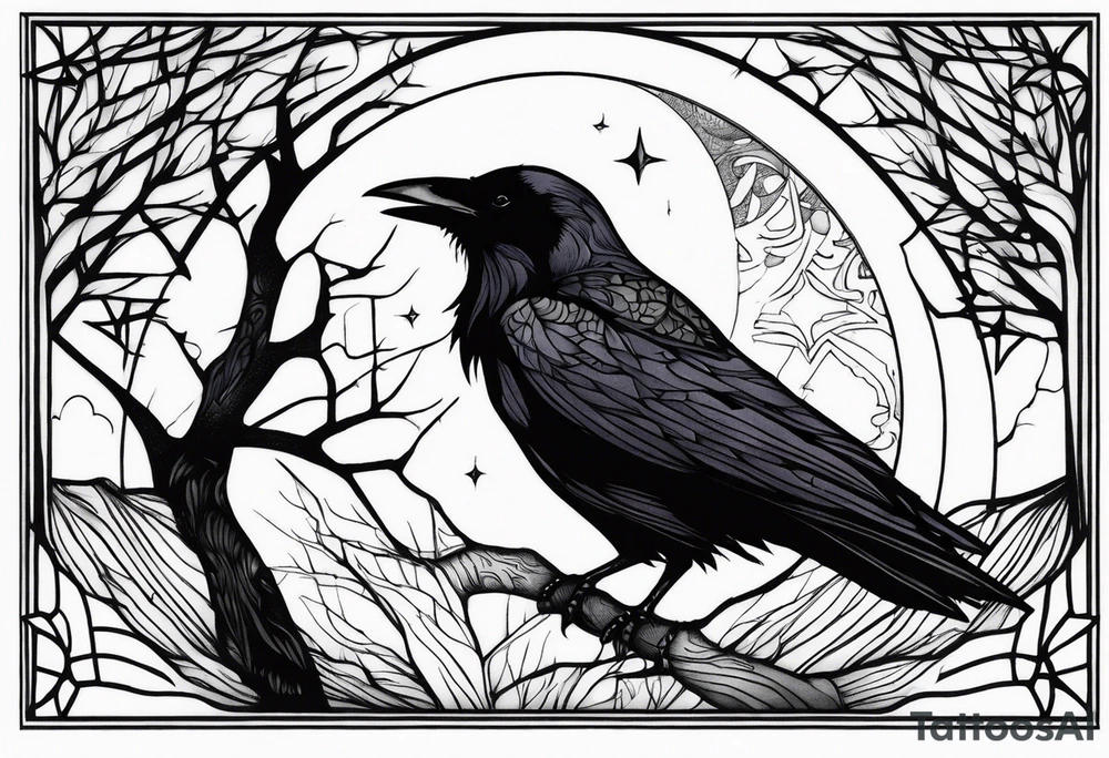 Raven in flifht, head down, knowing, ethereal, moon stars and trees in the background tattoo idea