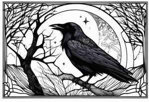 Raven in flifht, head down, knowing, ethereal, moon stars and trees in the background tattoo idea