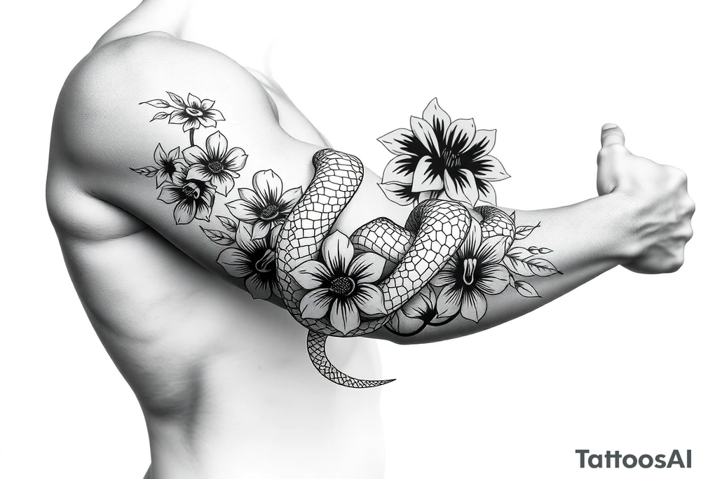 snake with flowers tattoo idea