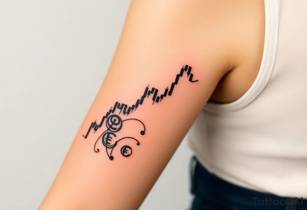 Create a unique tattoo design for a Forex trader. Include symbols of trading like a bullish candlestick chart, currency symbols (e.g., EUR, USD, GBP, JPY), and creative elements representing financial growth and strategy. The style should be minimalist black linework, modern and elegant, suitable for an arm or forearm tattoo.” tattoo idea