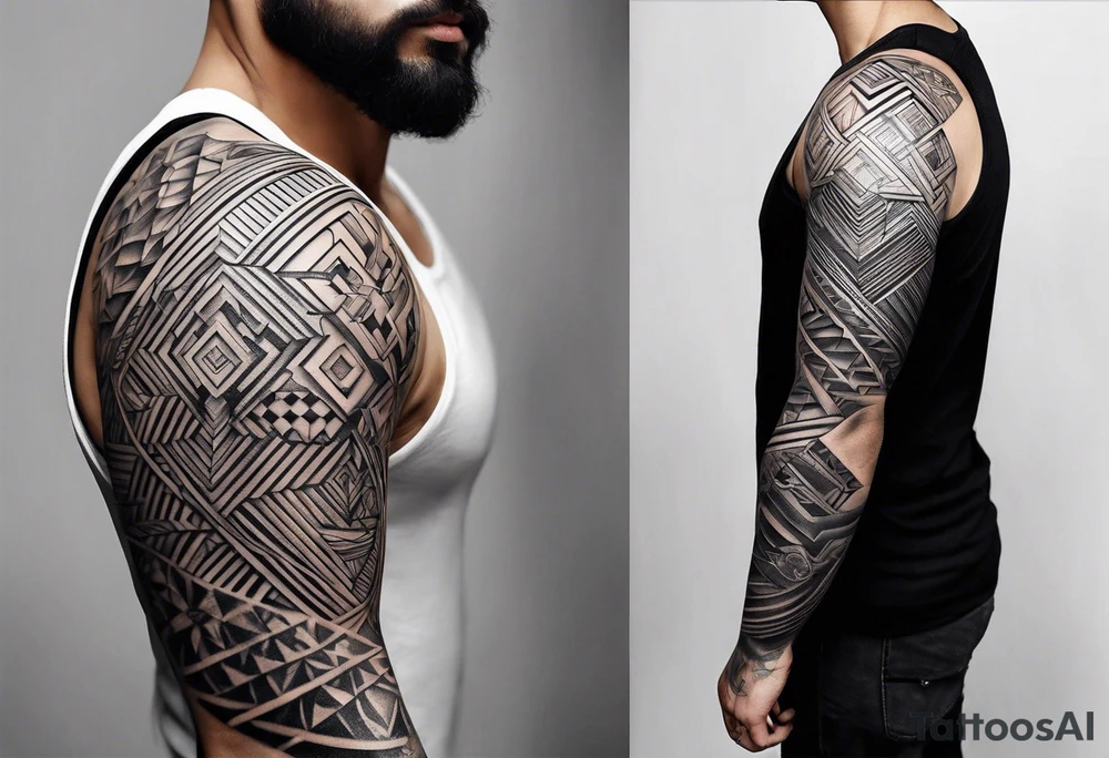 From left shoulder to forearm sleeve tattoo. Fine line geometric, concept design tattoo tattoo idea