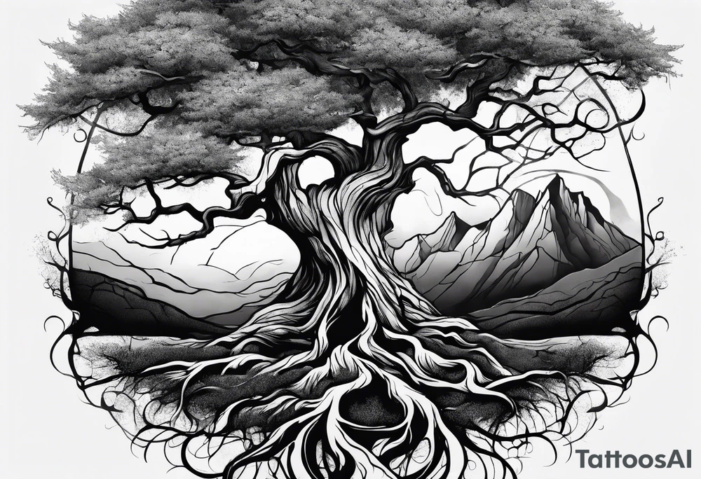 Tree growing out of stone with roots creating cracks tattoo idea