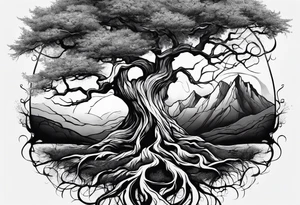 Tree growing out of stone with roots creating cracks tattoo idea