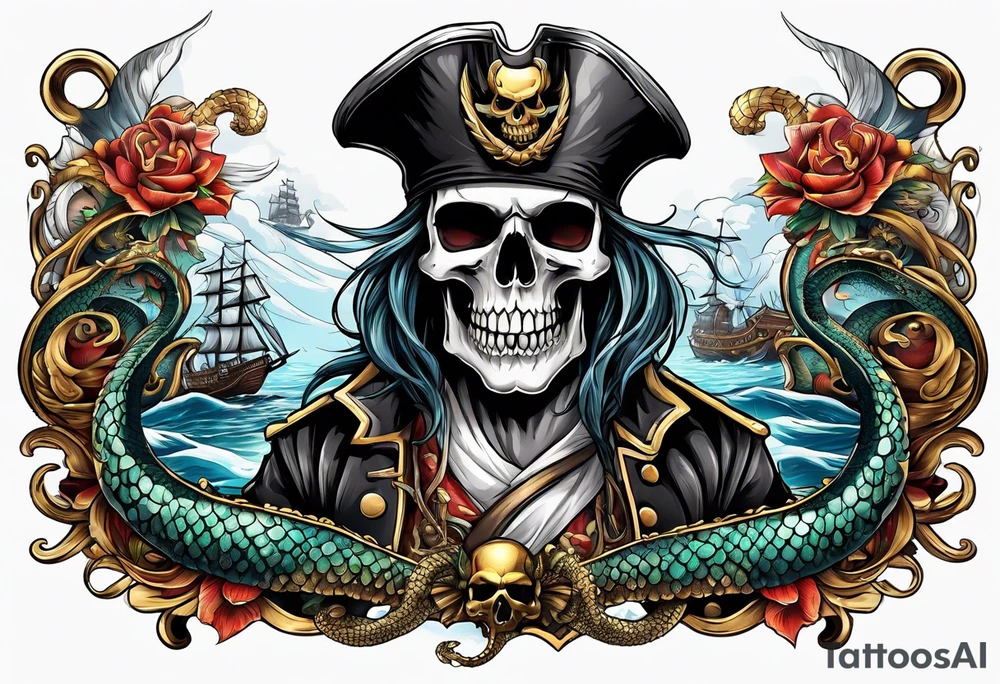 skull pirates with a sea serpent tattoo idea