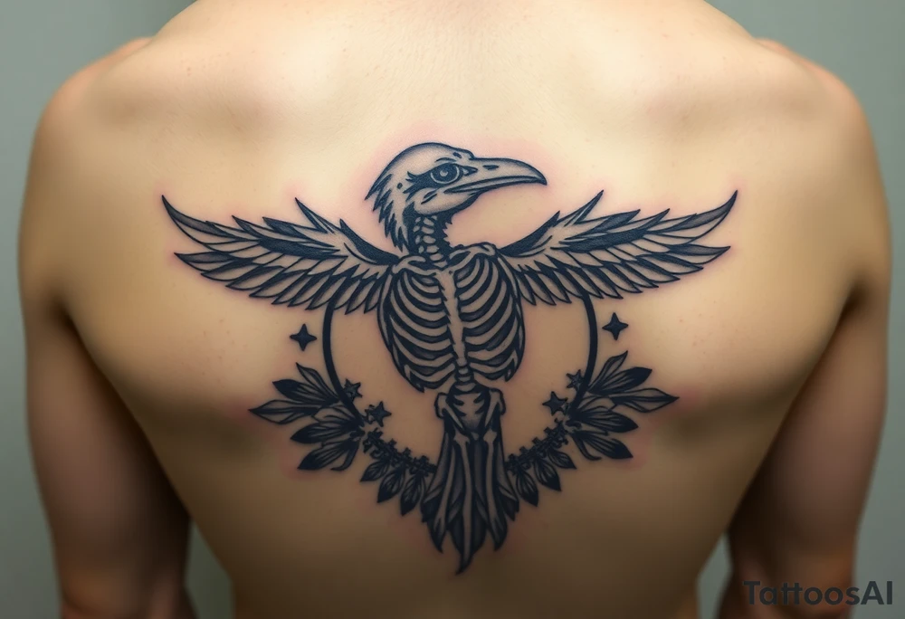 Raven skeleton with peackock feathers and ornaments around tattoo idea