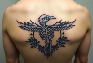 Raven skeleton with peackock feathers and ornaments around tattoo idea