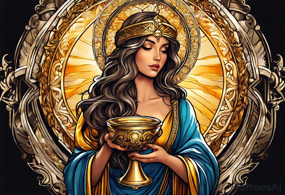 woman saint holding chalice surrounded by golden halo sideways tattoo idea