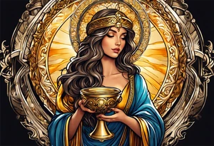 woman saint holding chalice surrounded by golden halo sideways tattoo idea