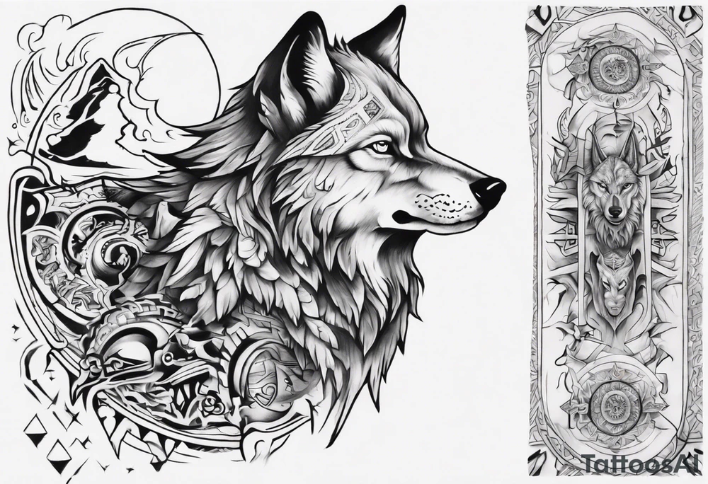 want a half sleeve on my left forearm featuring a howling wolf, surrounded by Māori patterns and Norse symbols, with a tribute to my nana, Joy tattoo idea